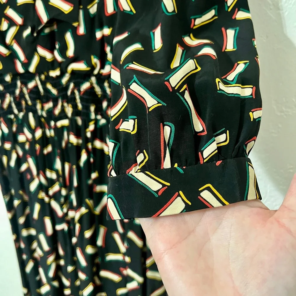 WARREN Z Black Abstract Geometric‎ Print Midi Dress Smocked Waist Retro 80s VTG